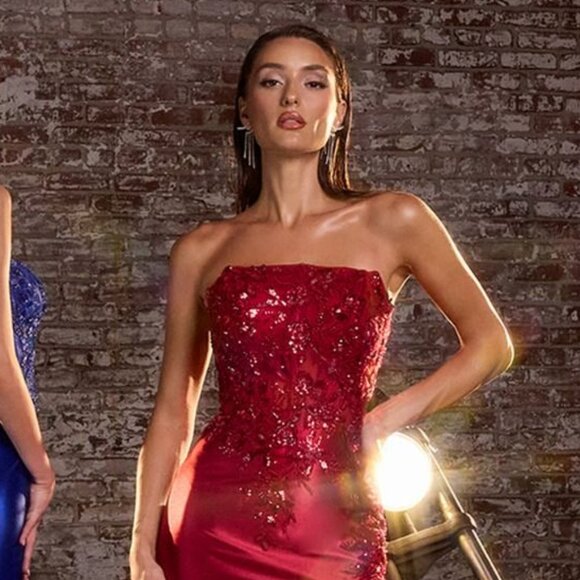 New Strapless Long Sheath Sequins Embellished Maxi Dress w/ Sheer Bodice CD C168 - Picture 1 of 9